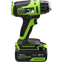 Фото  Greenworks G24HG 24В Строительный фен аккумуляторный, 550°С, 200 л/мин,1х4Ач,ЗУ,кор [3400207CUB]