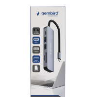 Фото  Gembird Док-станция Type-C 6в1: USB3.1, PD100W, SD/TF, USB2.0, HDMI, кабель 16см, алюминий (UHB-D9)
